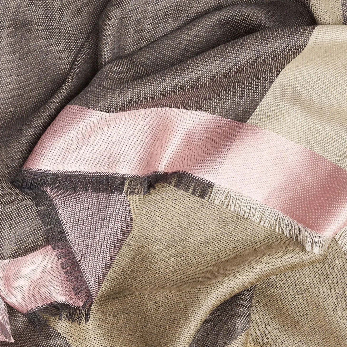 Beige And Gray Cashmere Stole With Pink Silk Detail