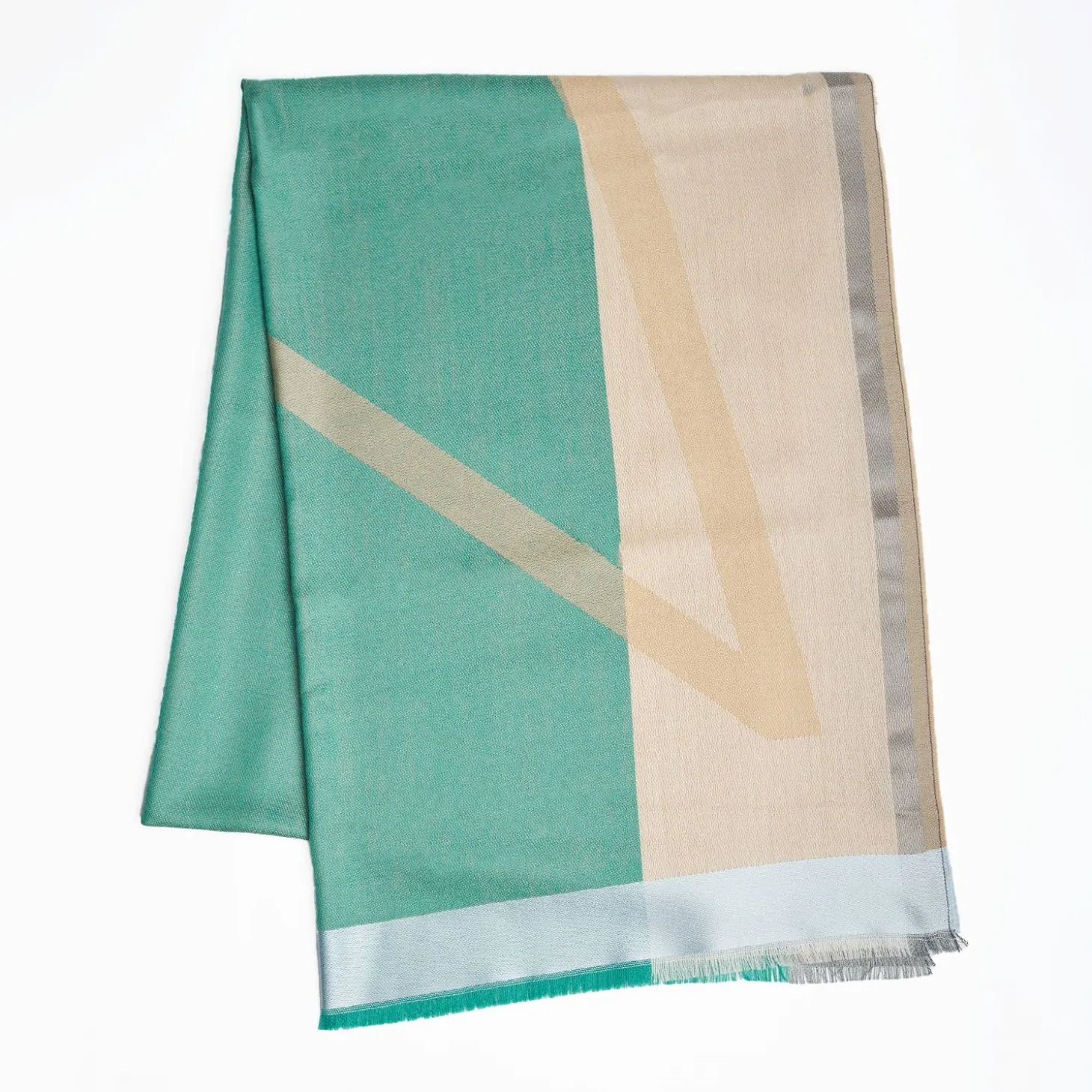 Beige And Green Cashmere Stole With Light Blue Silk Detail