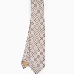 Beige Sartorial Jacquard Silk Tie - Small Flower Pattern