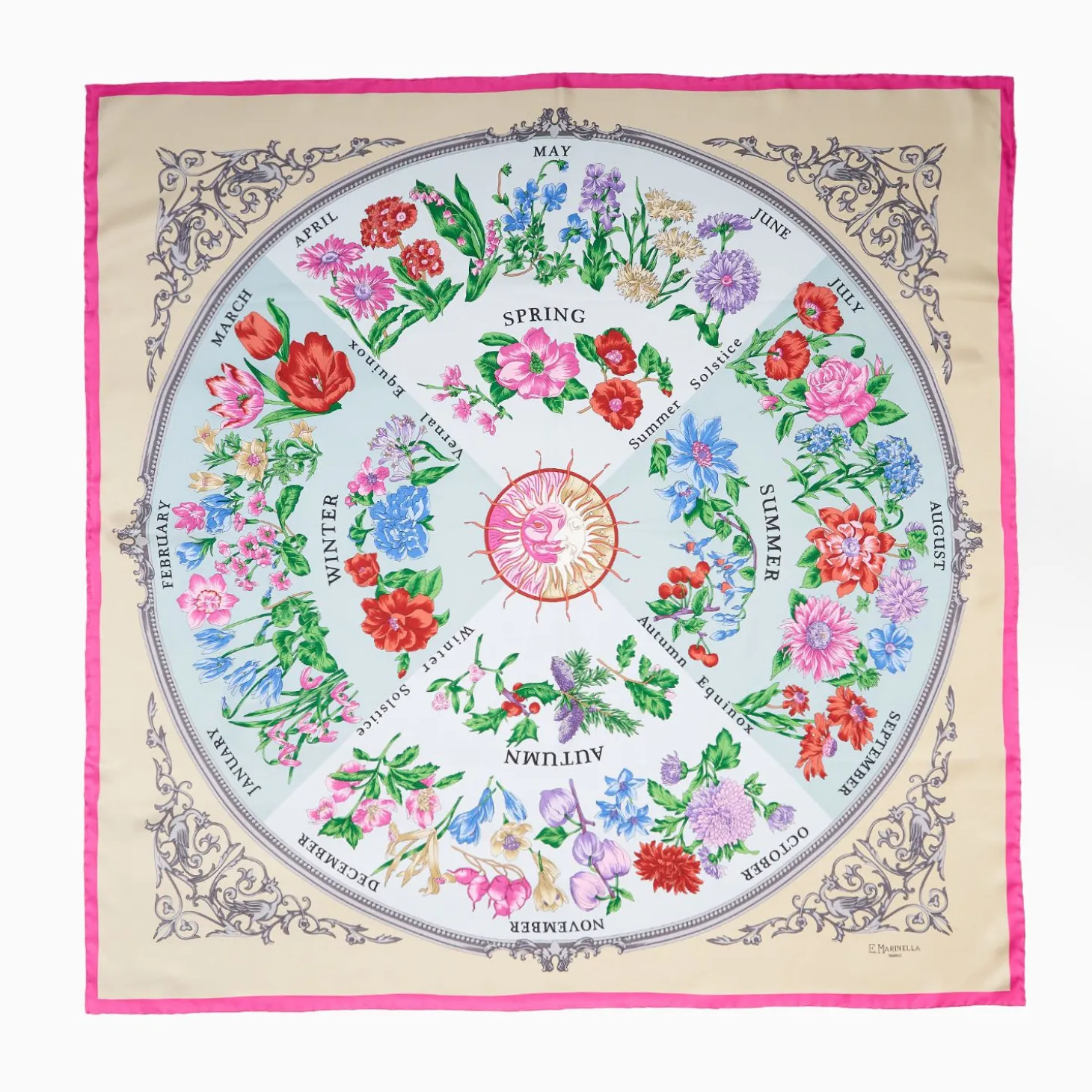 Beige Silk Scarf 90 - The Wheel Of Seasons