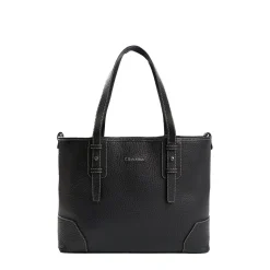 Black Textured Leather Midi Tote Bag