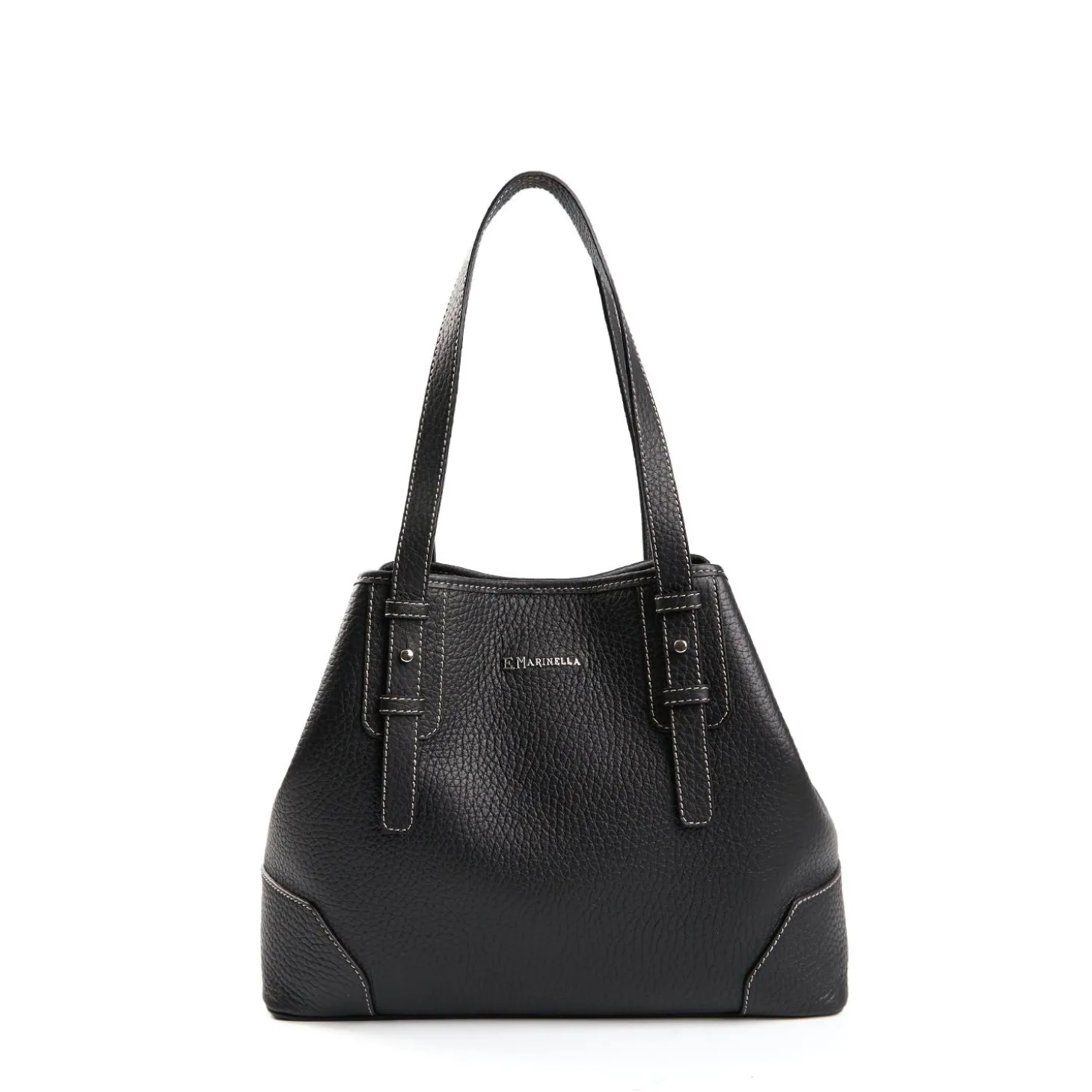 Black Textured Leather Midi Tote Bag
