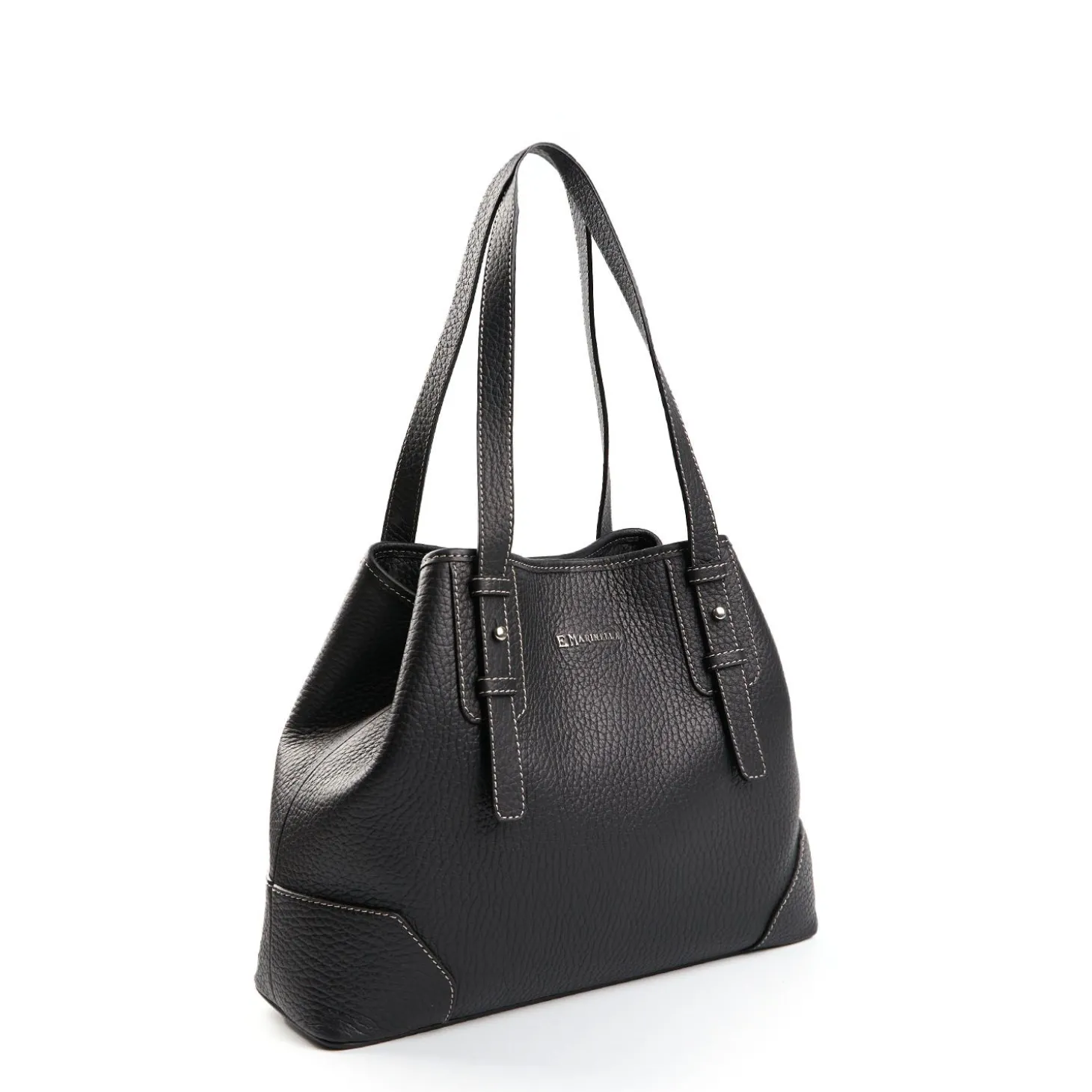 Black Textured Leather Midi Tote Bag