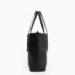 Black Textured Leather Midi Tote Bag
