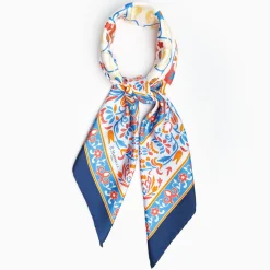 Blue And Red Silk Scarf 90 - Damask Pattern