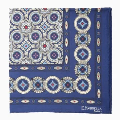 Blue Hand-Printed Silk Pocket Square - Large Flower Pattern