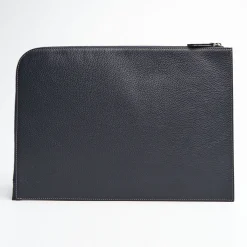 Blue Leather Portfolio With Strap