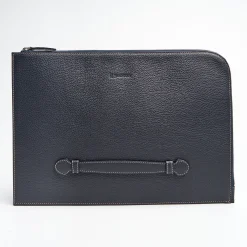 Blue Leather Portfolio With Strap