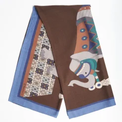 Bluette And Dark Brown Wide Wool Scarf - Ethnic Pattern