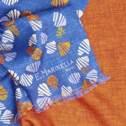Bluette And Orange Wool And Silk Scarf Floral Pattern