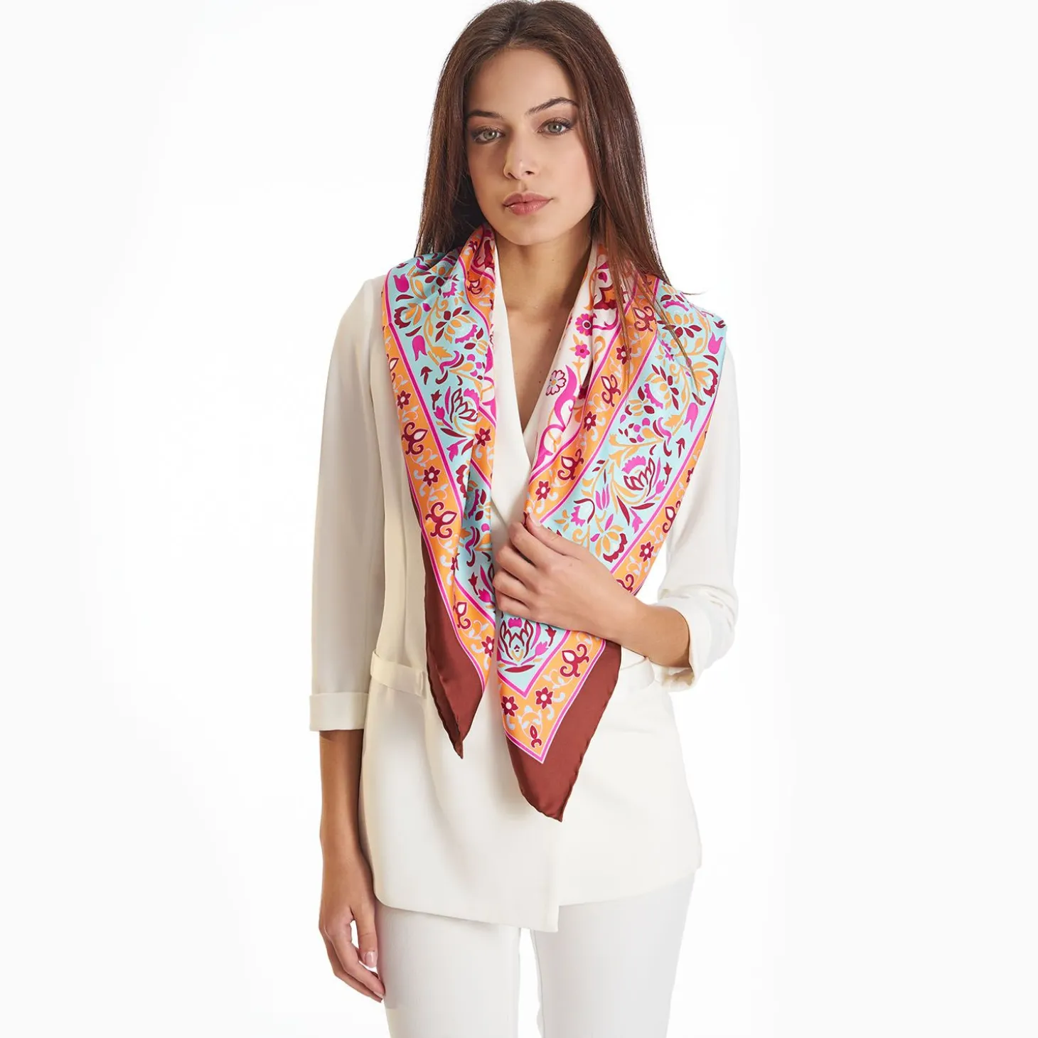 Brown Silk Scarf 90 - Damask Pattern