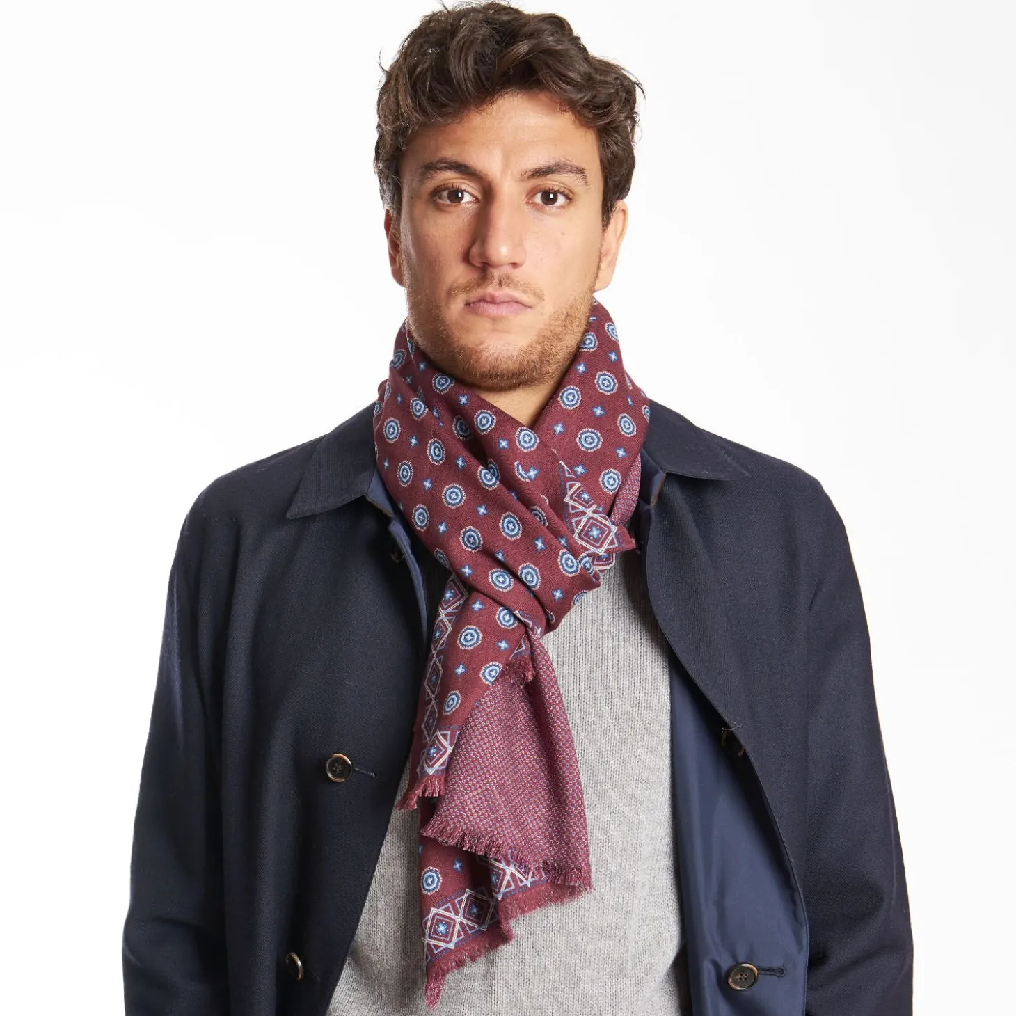 Burgundy Double Patterned Wool And Silk Scarf