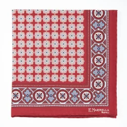 Burgundy Hand-Printed Silk Pocket Square Large Flower Pattern