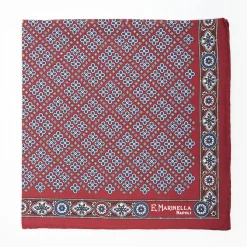 Burgundy Hand-Printed Silk Pocket Square Large Flower Pattern