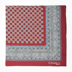 Burgundy Hand-Printed Silk Pocket Square Small Flower Pattern