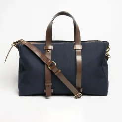 Dark Blue Canvas Weekend Bag With Leather Trim
