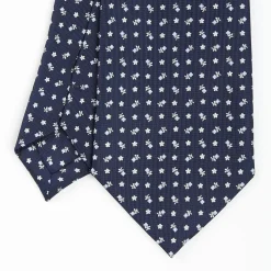 Dark Blue Extra Long Sartorial Silk Tie - Small Flower Pattern