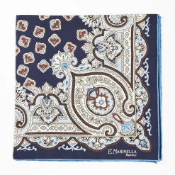 Dark Blue Hand-Printed Silk Pocket Square Large Flower Pattern