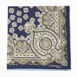 Dark Blue Hand-Printed Silk Pocket Square Large Flower Pattern