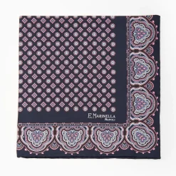 Dark Blue Hand-Printed Silk Pocket Square Large Flower Pattern