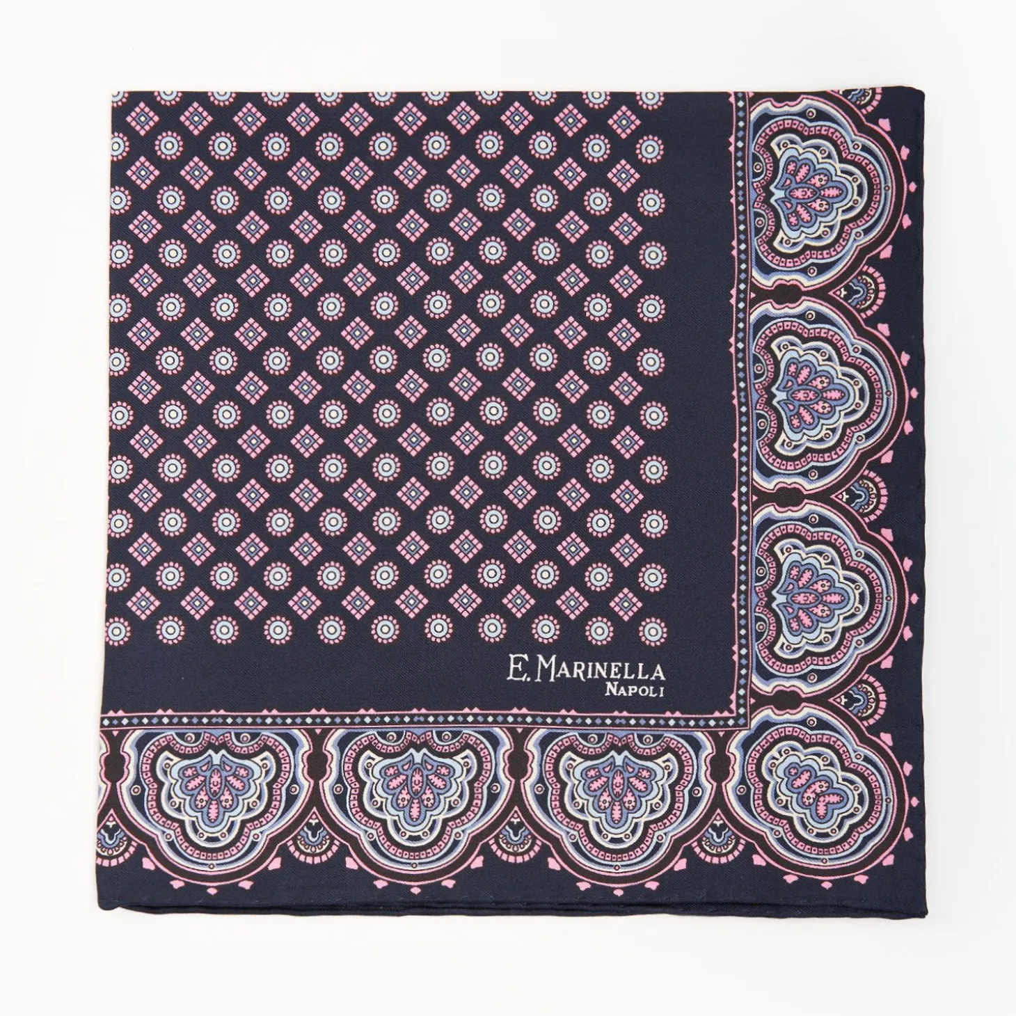 Dark Blue Hand-Printed Silk Pocket Square Large Flower Pattern