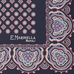 Dark Blue Hand-Printed Silk Pocket Square Large Flower Pattern