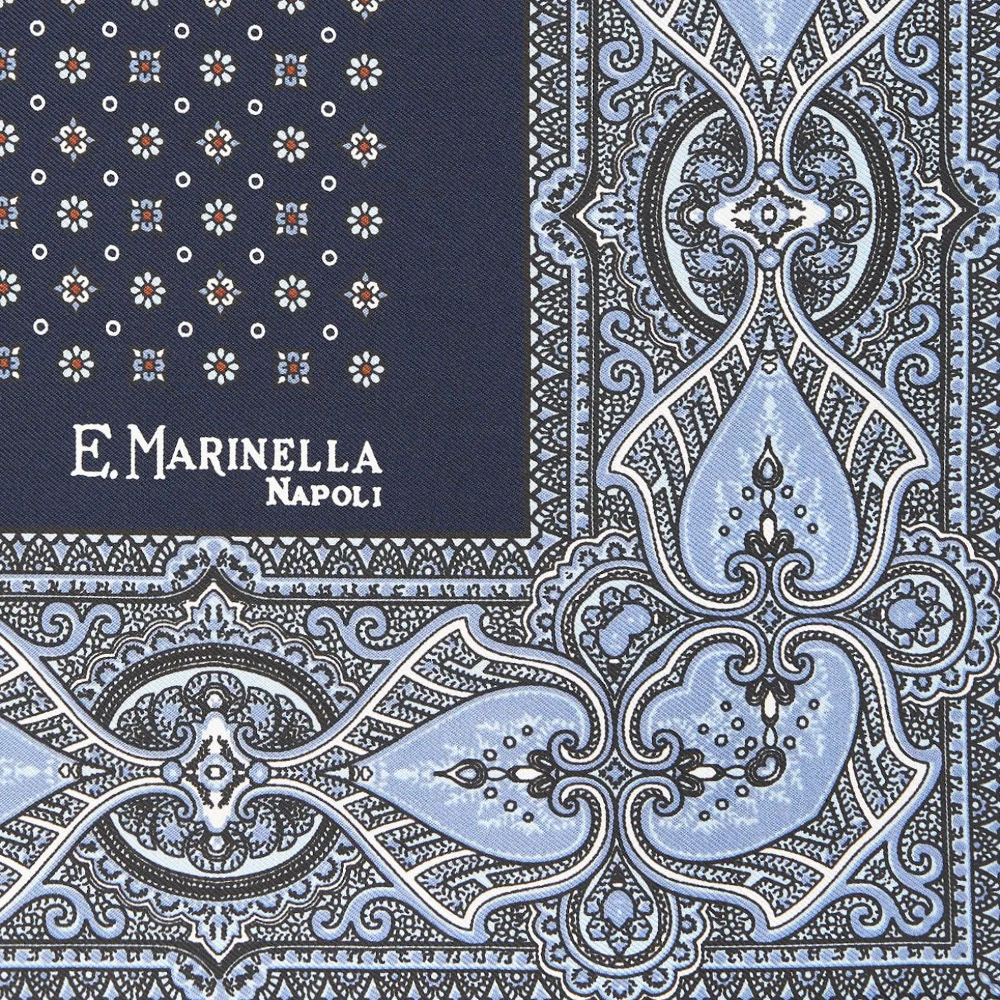 Dark Blue Hand-Printed Silk Pocket Square Small Flower Pattern