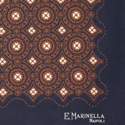 Dark Blue Hand-Printed Silk Pocket Square Large Flower Pattern