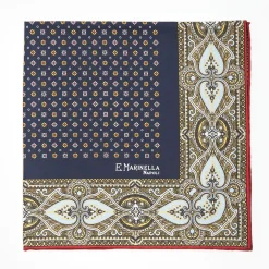Dark Blue Hand-Printed Silk Pocket Square Small Flower Pattern