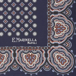 Dark Blue Hand-Printed Silk Pocket Square Large Flower Pattern
