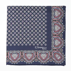 Dark Blue Hand-Printed Silk Pocket Square Small Flower Pattern