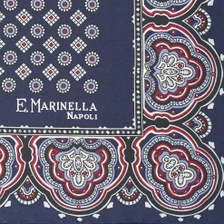 Dark Blue Hand-Printed Silk Pocket Square Small Flower Pattern