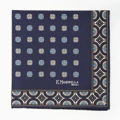 Dark Blue Hand-Printed Silk Pocket Square Large Flower Pattern