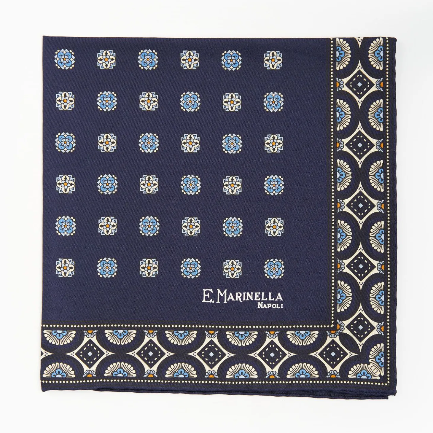 Dark Blue Hand-Printed Silk Pocket Square Large Flower Pattern