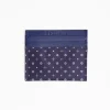 Dark Blue Leather And Silk Credit Card Holder 5 Compartments