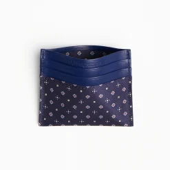 Dark Blue Leather And Silk Credit Card Holder 5 Compartments