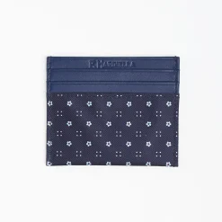 Dark Blue Leather And Silk Credit Card Holder - 5 Compartments