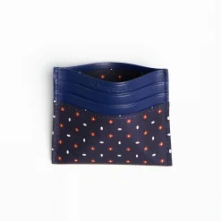Dark Blue Leather And Silk Credit Card Holder 5 Compartments
