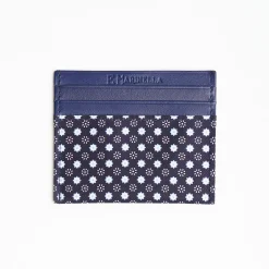 Dark Blue Leather And Silk Credit Card Holder 5 Compartments