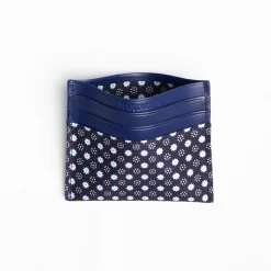 Dark Blue Leather And Silk Credit Card Holder 5 Compartments