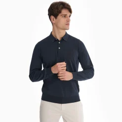 Dark Blue Long Sleeve Knitted Polo