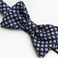 Dark Blue Pre-Knotted Silk Bowtie- Small Flower Pattern