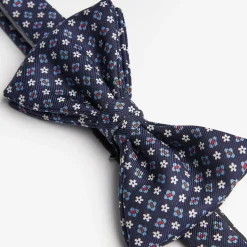Dark Blue Pre-Knotted Silk Bowtie- Small Flower Pattern
