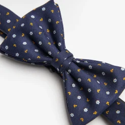 Dark Blue Pre-Knotted Silk Bowtie- Small Flower Pattern