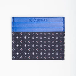 Dark Blue Silk And Leather Credit Card Holder 5 Compartments
