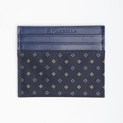 Dark Blue Silk And Leather Credit Card Holder - 5 Compartments