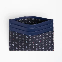 Dark Blue Silk And Leather Credit Card Holder 5 Compartments