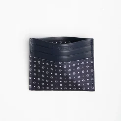 Dark Blue Silk And Leather Credit Card Holder 5 Compartments