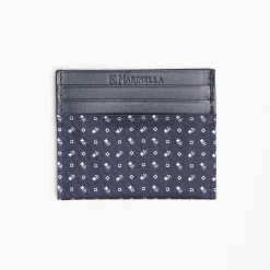 Dark Blue Silk And Leather Credit Card Holder 5 Compartments