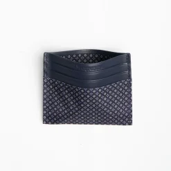 Dark Blue Silk And Leather Credit Card Holder 5 Compartments